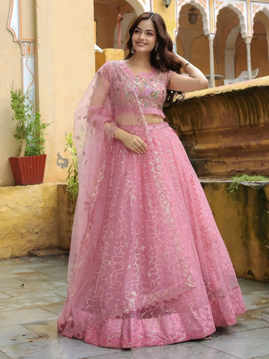 Enchanting Pink Embroidered Net Engagement Wear Lehenga Choli - Ethnic Plus In